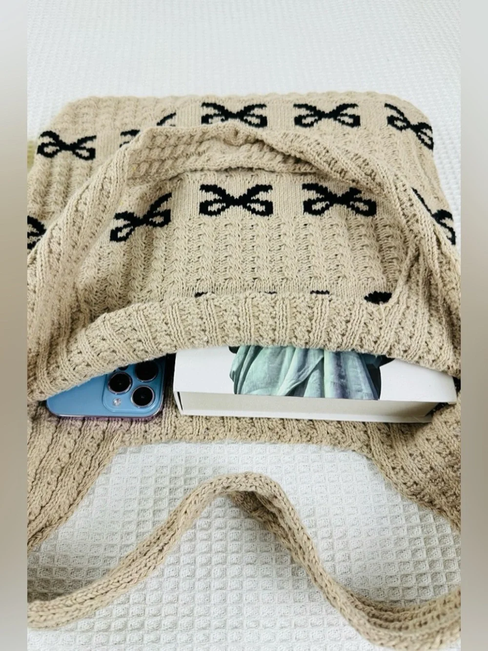 NEW Zenana Tan Knit Bow Tote Bag Cottagecore Coquette Shoulder Bag Neutral